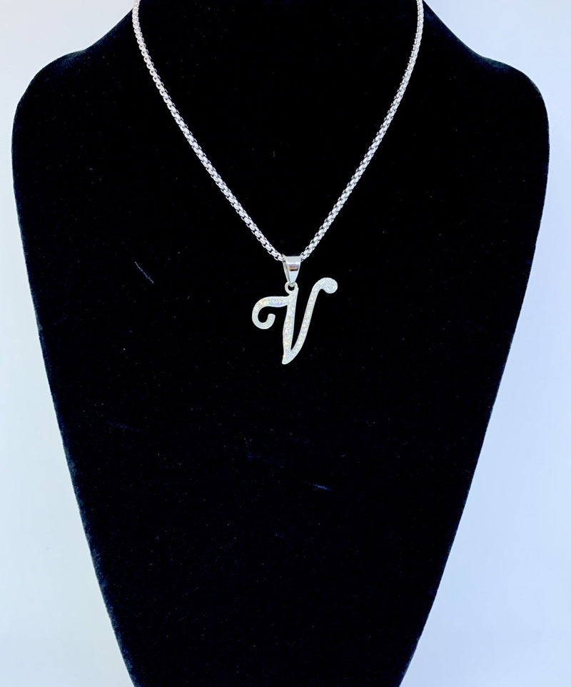 Stainless Steel Silver Initial Necklace - V